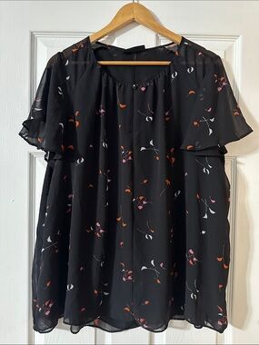 Lane Bryant Black Blouse with Pink & Orange Floral Print